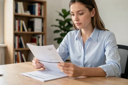 Femme comparant des offres d'assurance auto sur des documents papier à son bureau à domicile
