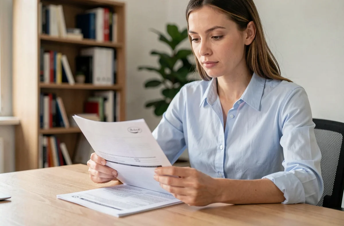 Femme comparant des offres d'assurance auto sur des documents papier à son bureau à domicile