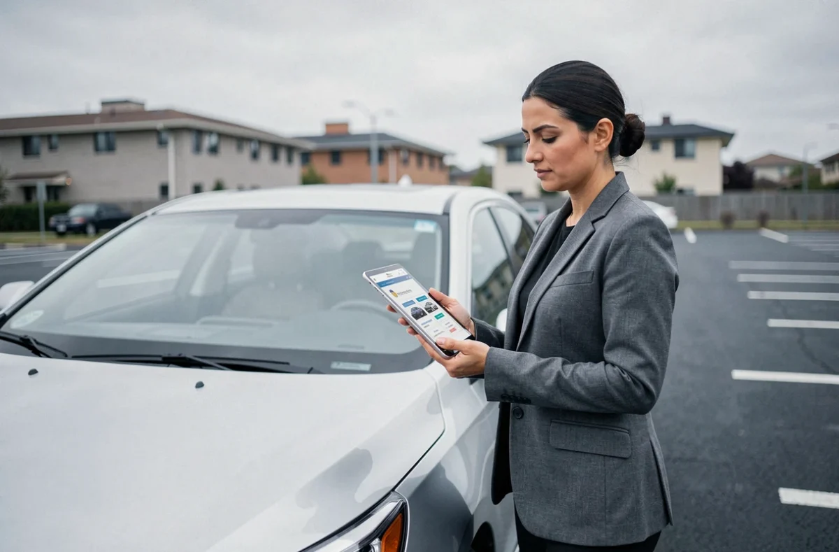 Femme consultant une comparaison d'assurance voiture sur tablette à côté d'une berline argentée dans un parking urbain