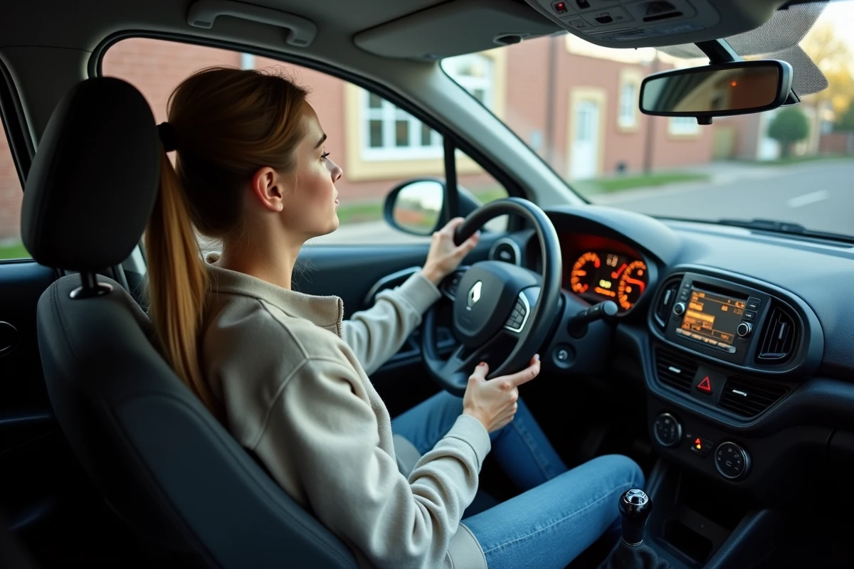 Jeune femme assise dans une Renault Clio avec tableau de bord