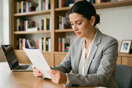 Femme consultant son relevé d'information assurance auto à son bureau à domicile