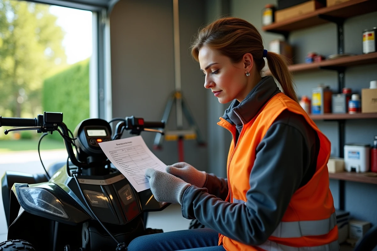 Femme contrôlant un quad électrique dans un garage organisé