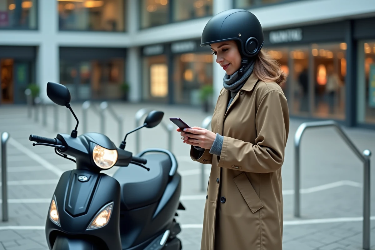 Femme vérifiant les spécifications de son scooter en ville