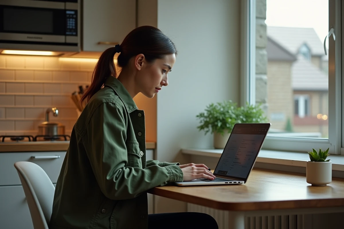 Jeune femme dans la cuisine consulte des sites de covoiturage sur son ordinateur