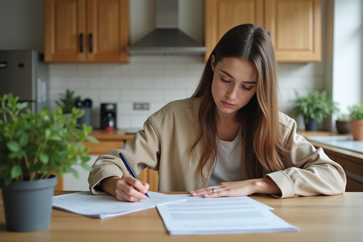 Jeune femme remplissant un formulaire dans sa cuisine