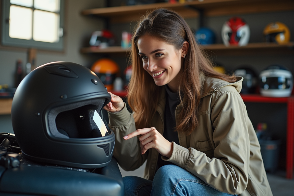 Jeune femme montrant le viseur Pinlock dans son casque moto