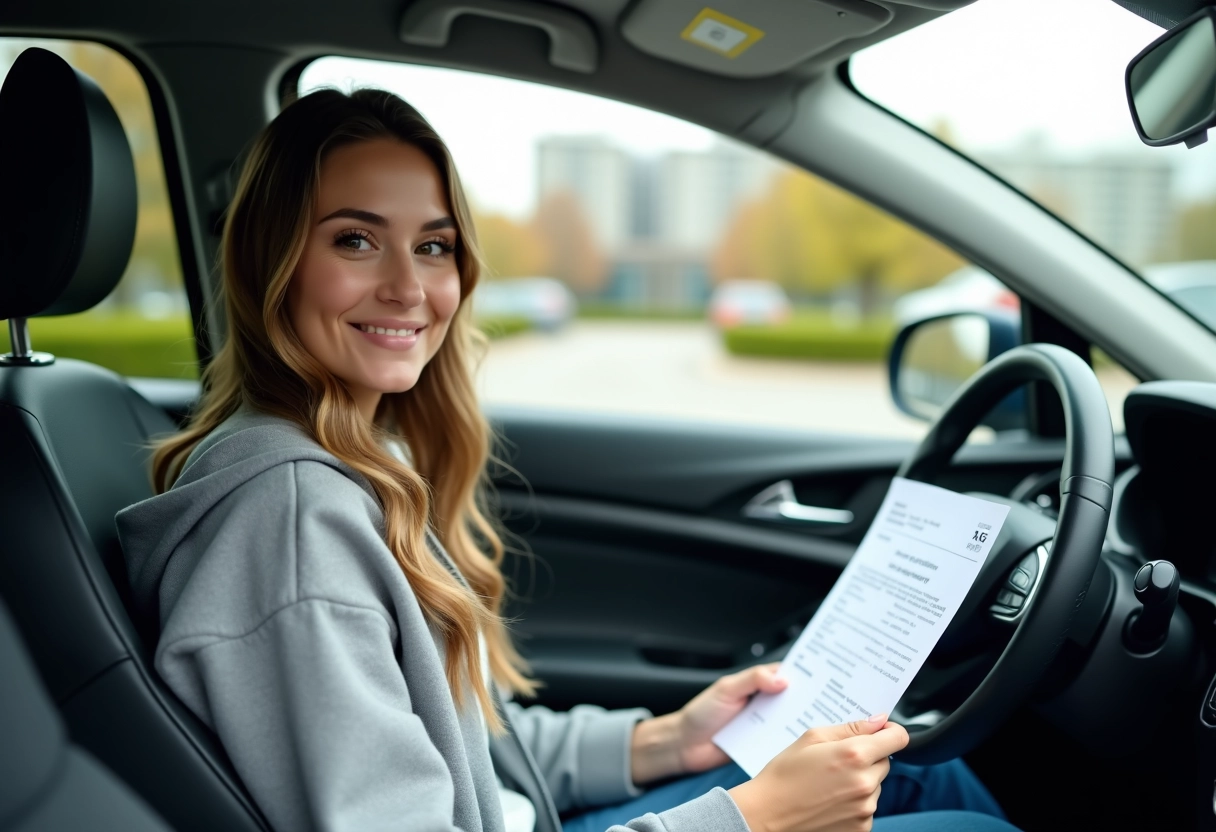 Jeune femme souriante avec rapport de diagnostic dans une voiture
