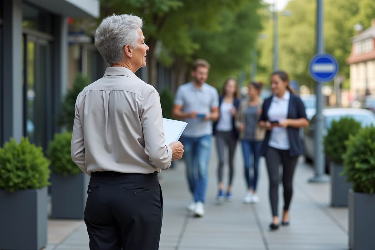 Femme observant des adolescents devant une auto ecole