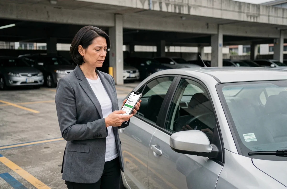 Femme évaluant le prix d'une voiture d'occasion avec son smartphone lors d'une transaction entre particuliers