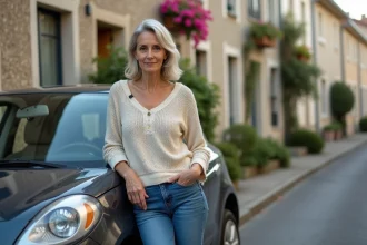 Femme française posant près d'une voiture dans un quartier résidentiel