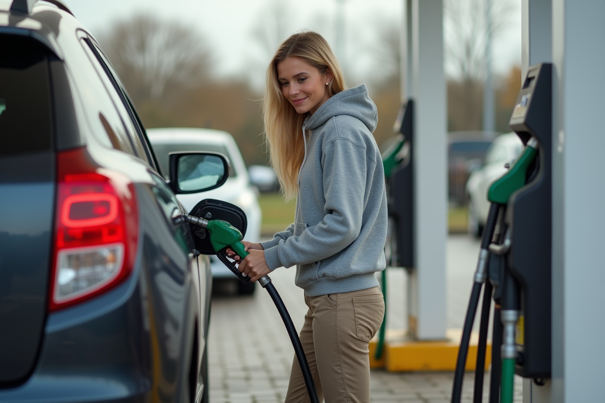Jeune femme gonflant ses pneus à la station essence