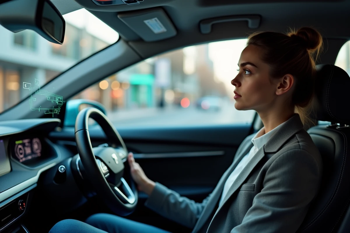 Jeune femme regardant une interface digitale sur le pare-brise de sa voiture