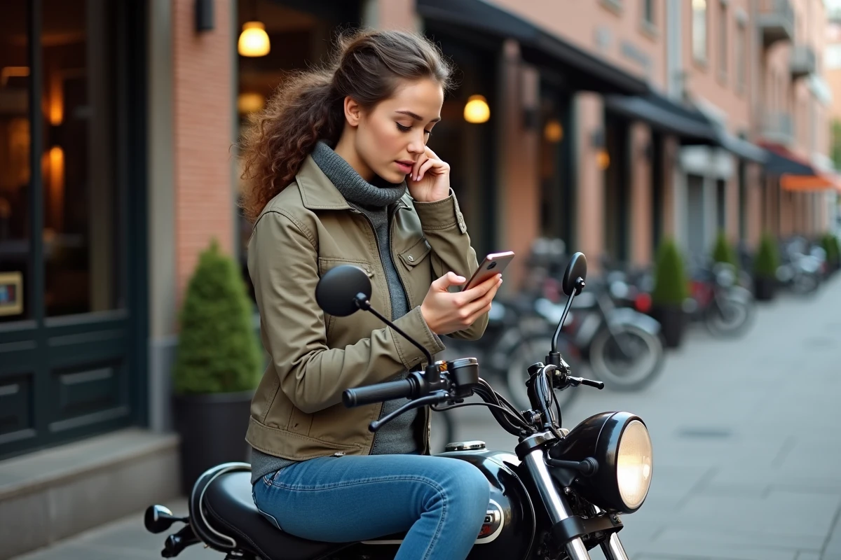 Jeune femme en moto consulte son smartphone devant un café