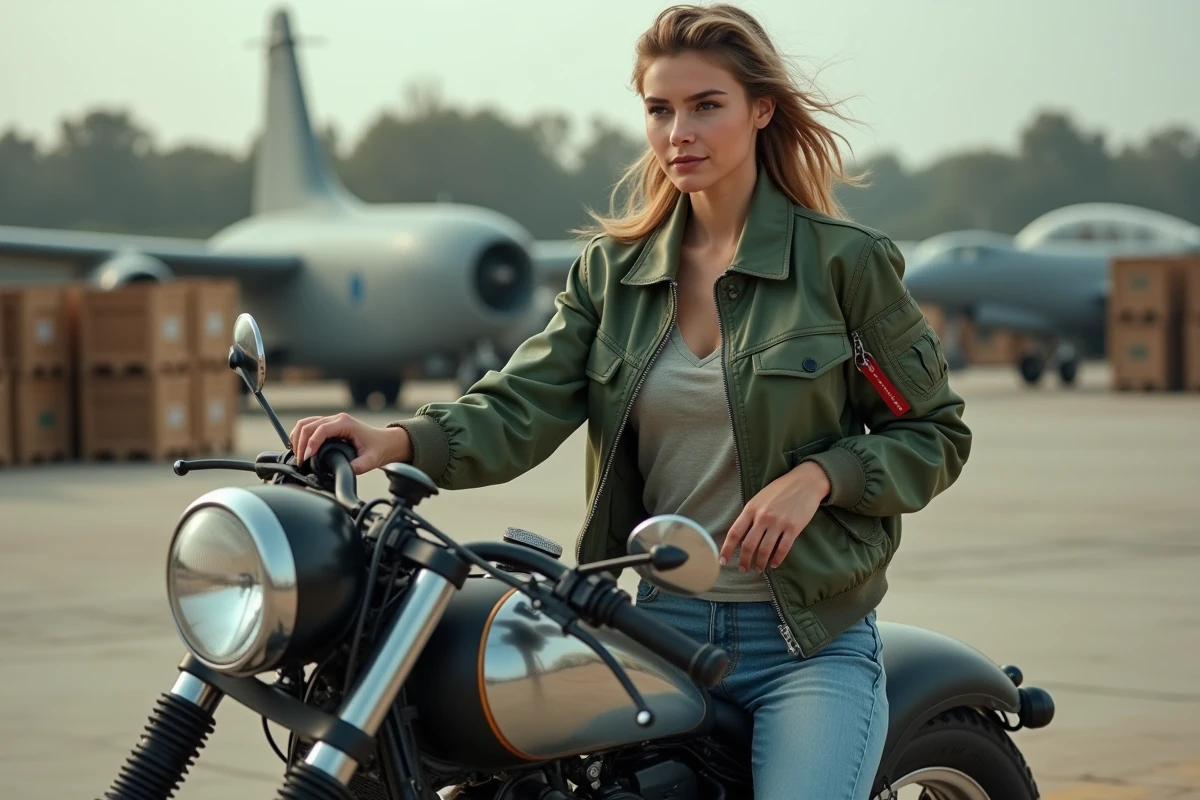 Jeune femme avec moto replica dans hangar industriel