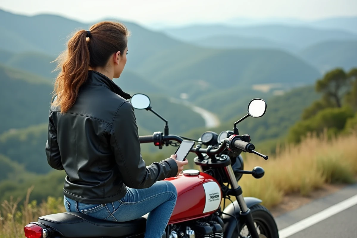 Femme ajustant accessoires sur sa moto au bord de route
