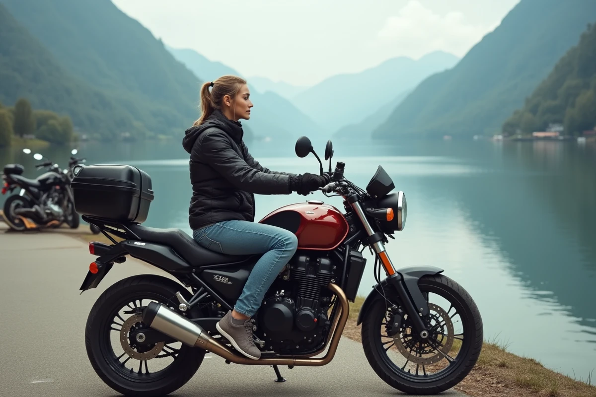 Femme assise sur moto au bord d’un lac calme