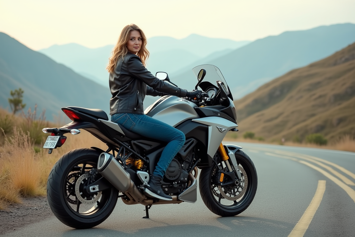Femme en moto sur route de montagne avec moto moderne