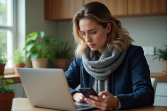 Jeune femme vérifiant ses points de conduite sur un ordinateur