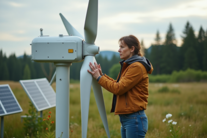 Femme examinant une petite turbine éolienne dans son jardin