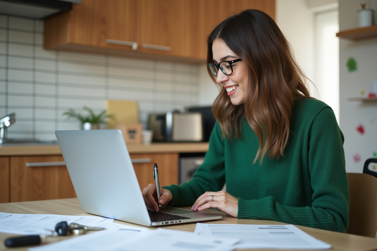 Jeune femme gérant des documents de voiture à la maison