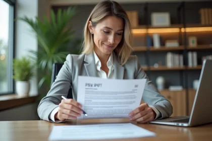 Femme professionnelle en blazer gris examinant un document PDF de cession de vente imprimé sur un bureau moderne