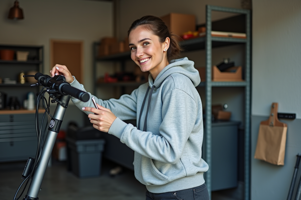 Femme vérifiant les câbles de frein d’un scooter en garage