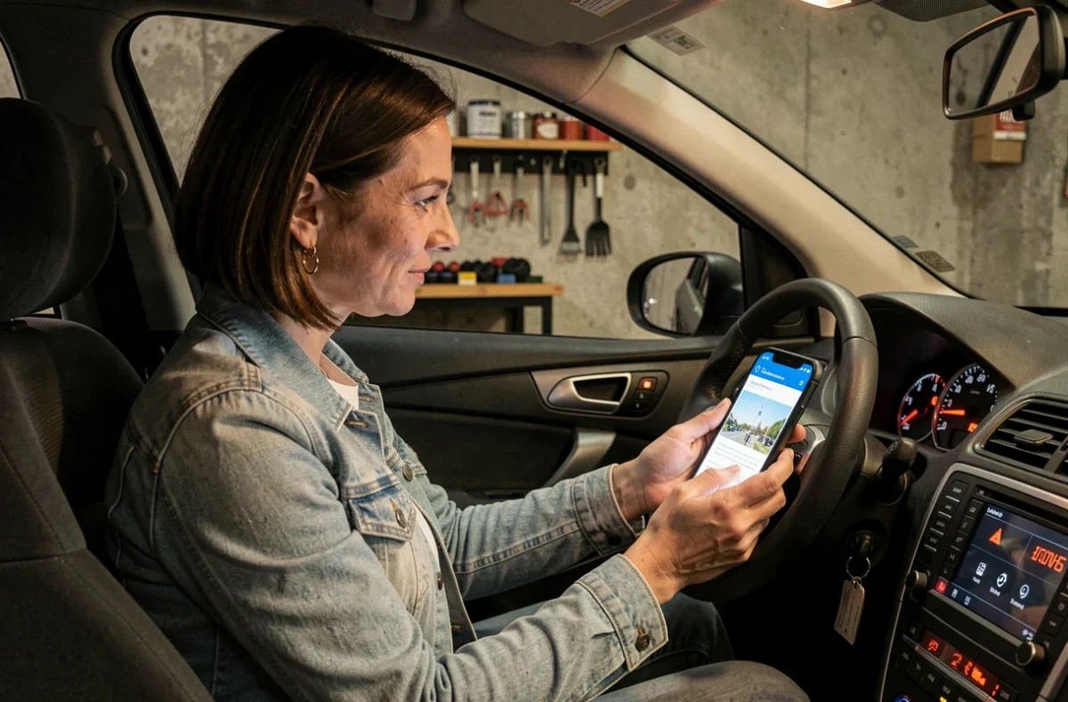 Femme dans sa voiture consultant un site web sur son smartphone pour identifier des voyants du tableau de bord