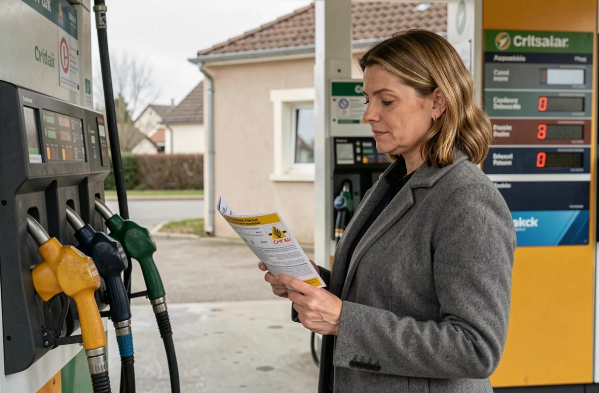 Femme lisant un dépliant Crit'Air dans une station-service, hésitant entre carburant diesel et essence