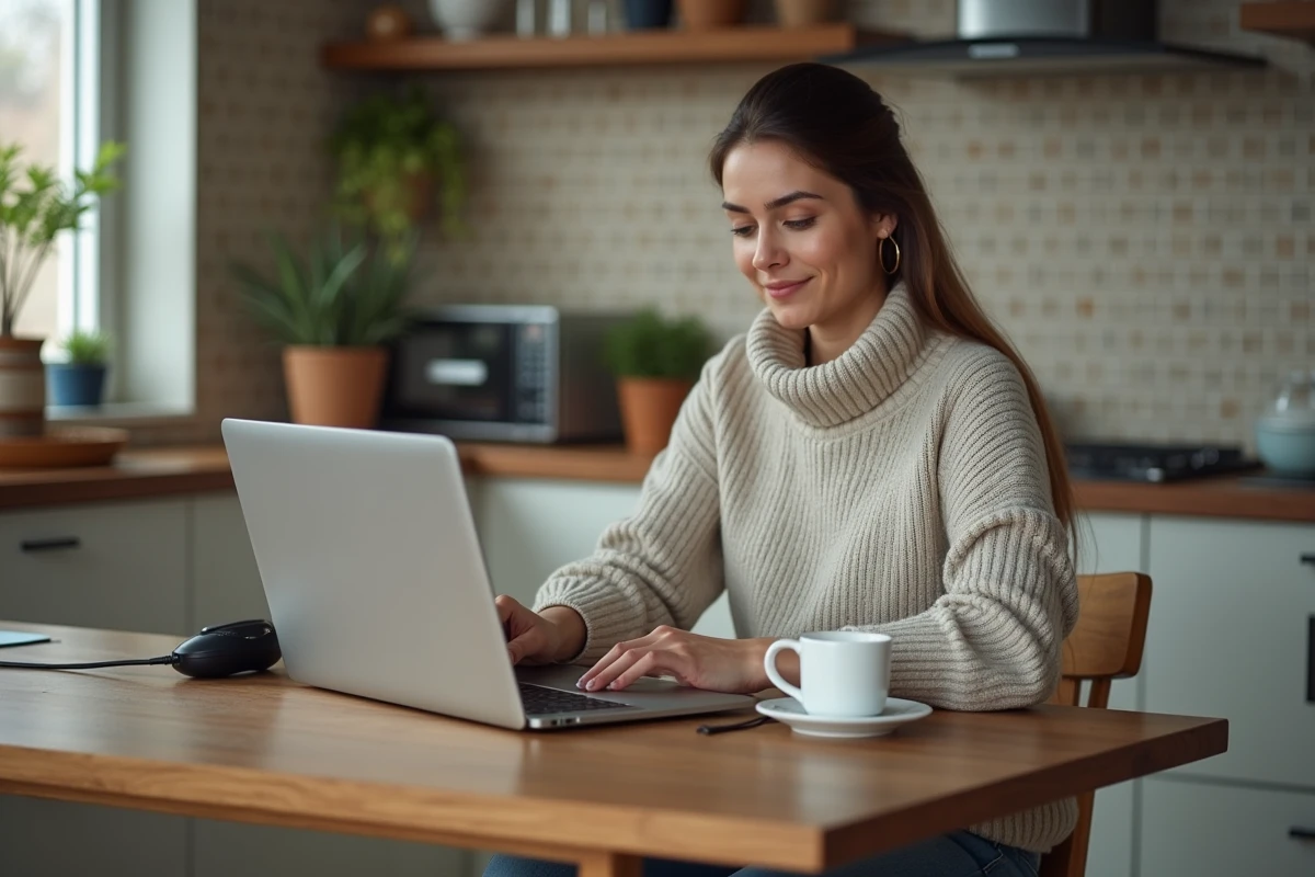 Jeune femme mettant à jour son GPS dans la cuisine