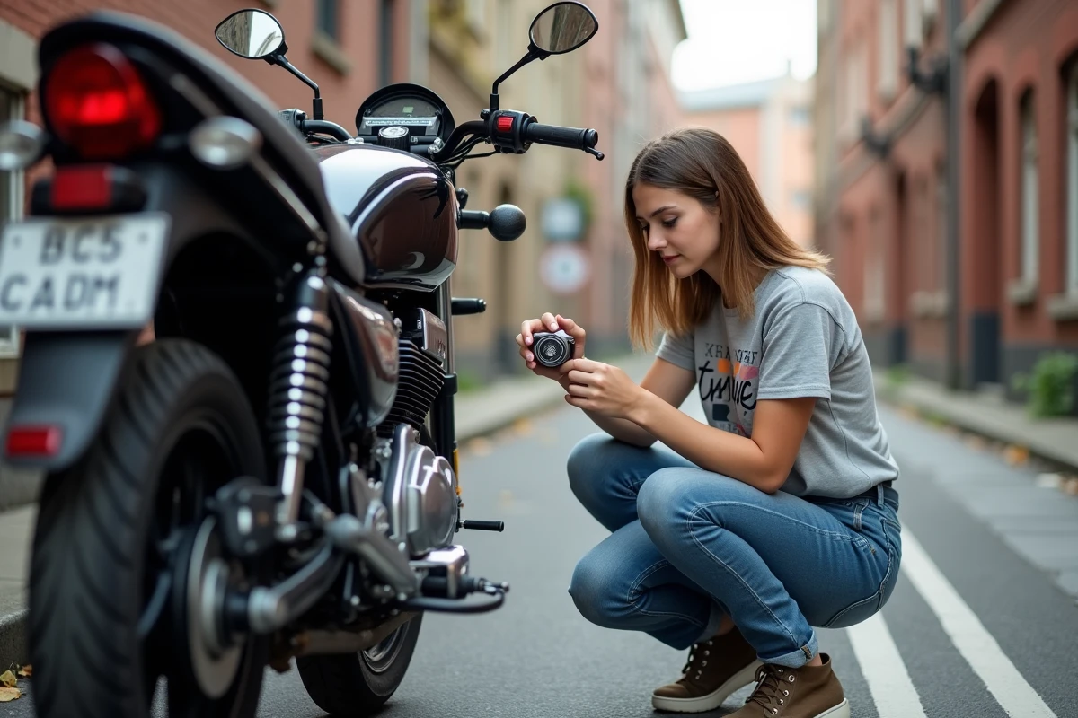 Jeune femme comparant un frein sur Yamaha 125 TZR en ville