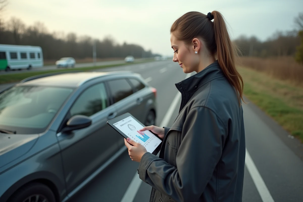 Jeune femme vérifiant le tableau de bord de sa voiture au repos