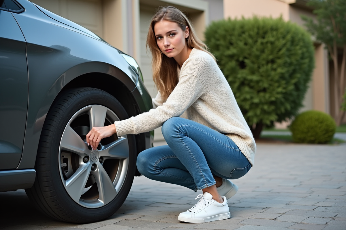 Jeune femme contrôlant la roue de sa voiture en extérieur