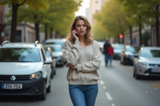 Femme au téléphone après un accident de voiture en ville