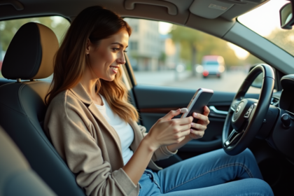 Jeune femme dans une voiture utilisant une application de covoiturage