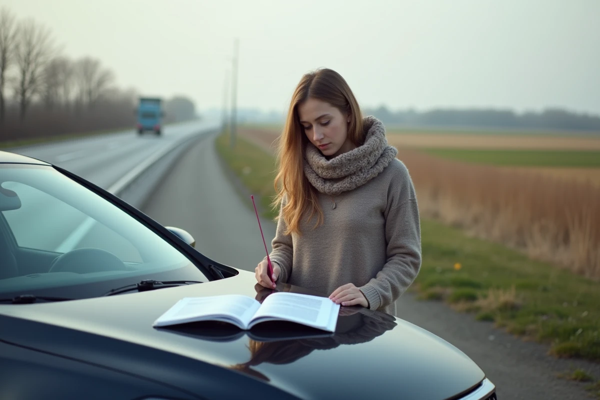 Jeune femme examinant le manuel de la voiture diesel au bord de la route