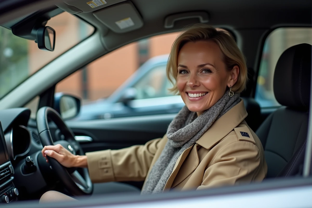 Femme souriante dans une voiture compacte en ville