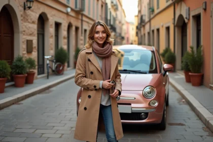 Femme souriante avec Fiat 500 rose gold dans une rue européenne