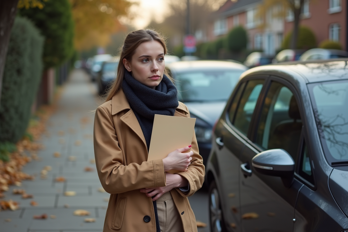 Jeune femme avec un trench à côté de sa voiture