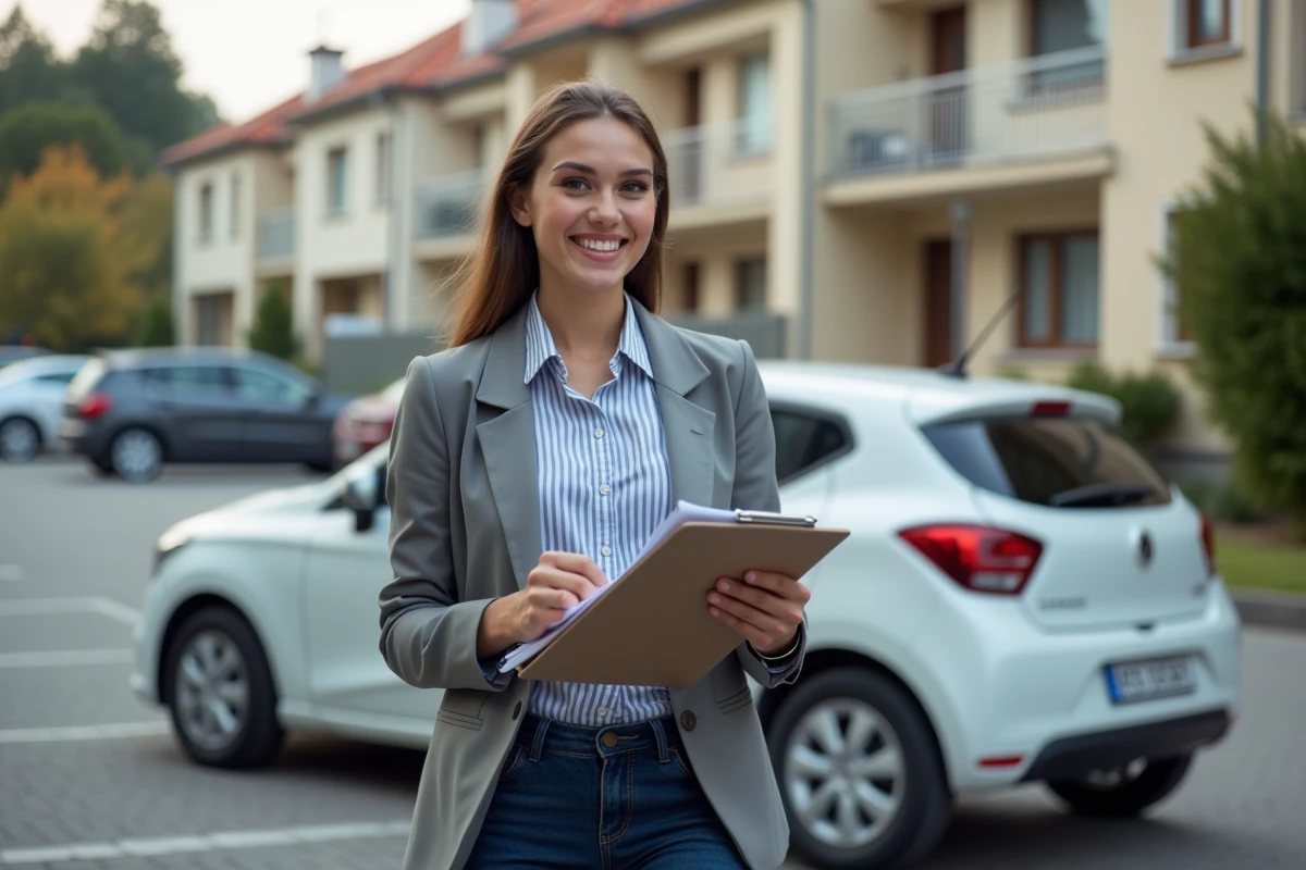 Jeune femme souriante avec voiture en parking résidentiel