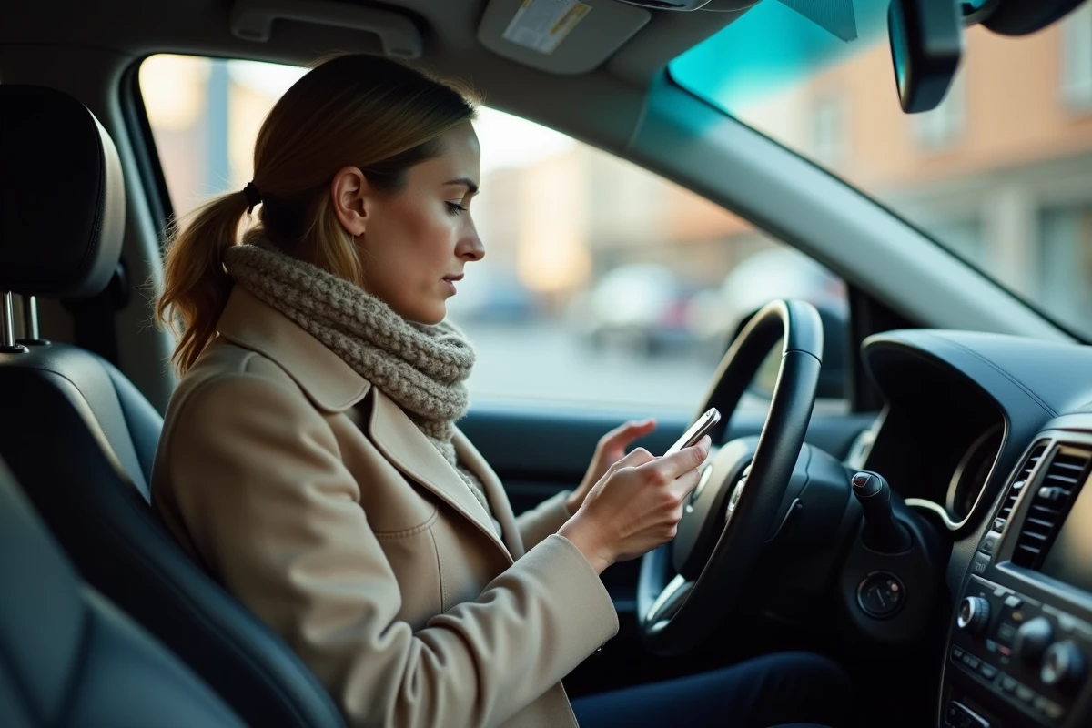 Femme dans sa voiture en détresse utilisant son smartphone