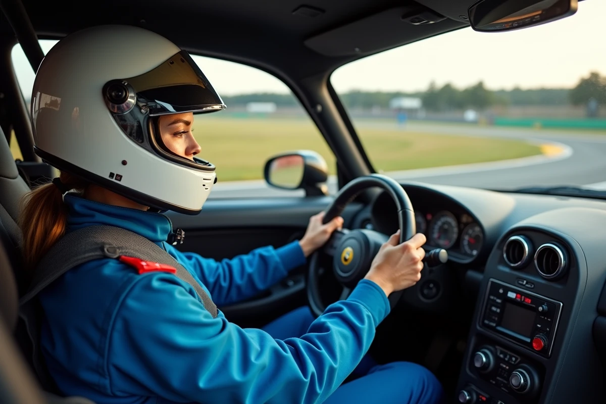 Femme au volant d'une voiture de sport lors d'un stage de pilotage sur circuit, concentrée dans un virage
