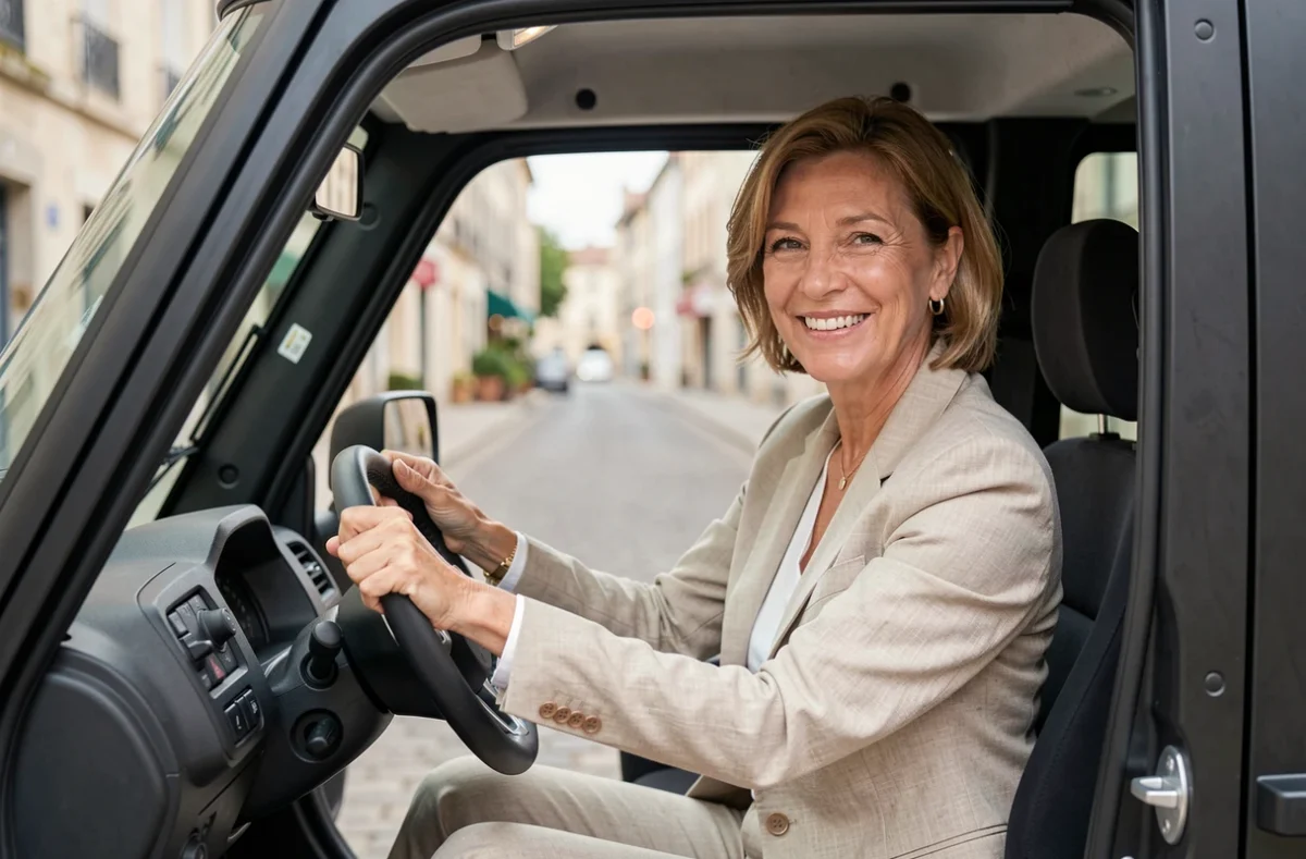 Femme conduisant une voiture sans permis à Agen, souriante au volant