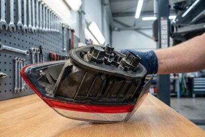 Feu arrière démontée d'une Renault Mégane 3 posée sur un établi de garage, montrant les connecteurs et les ampoules