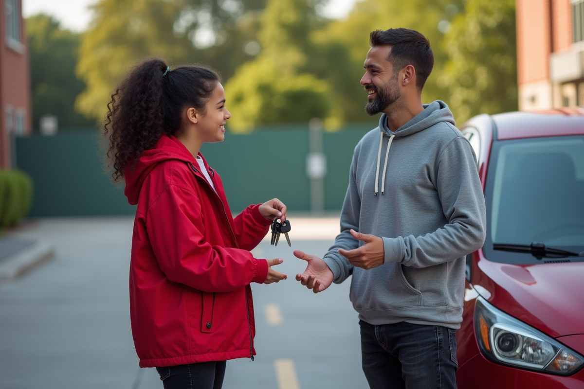 Fille avec son père devant une voiture dans un parking scolaire