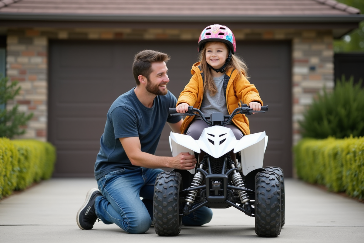 Fille avec son père sur un quad dans une cour familiale