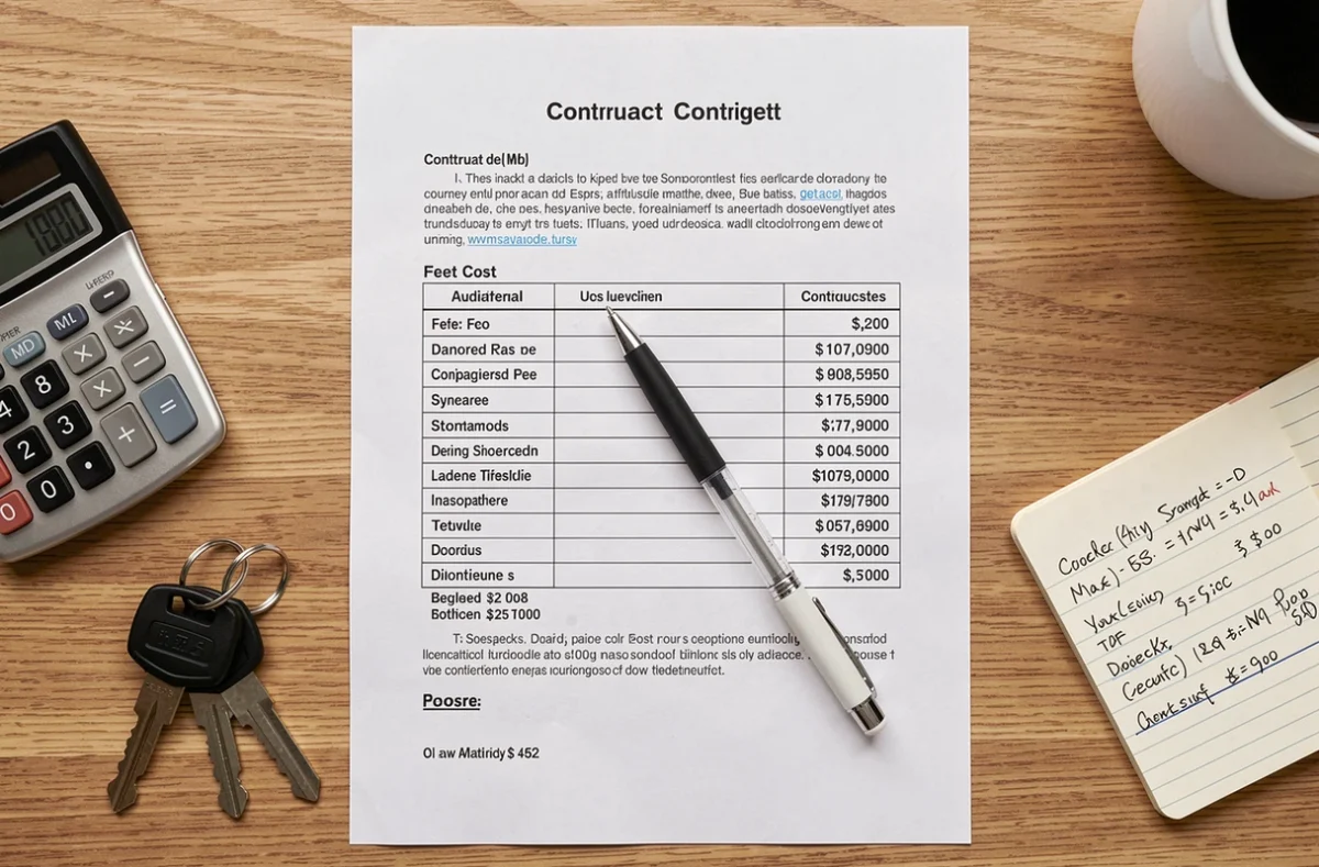Vue aérienne d'un bureau avec contrat de vente automobile, calculatrice et clés de voiture illustrant les frais de transaction Capcar