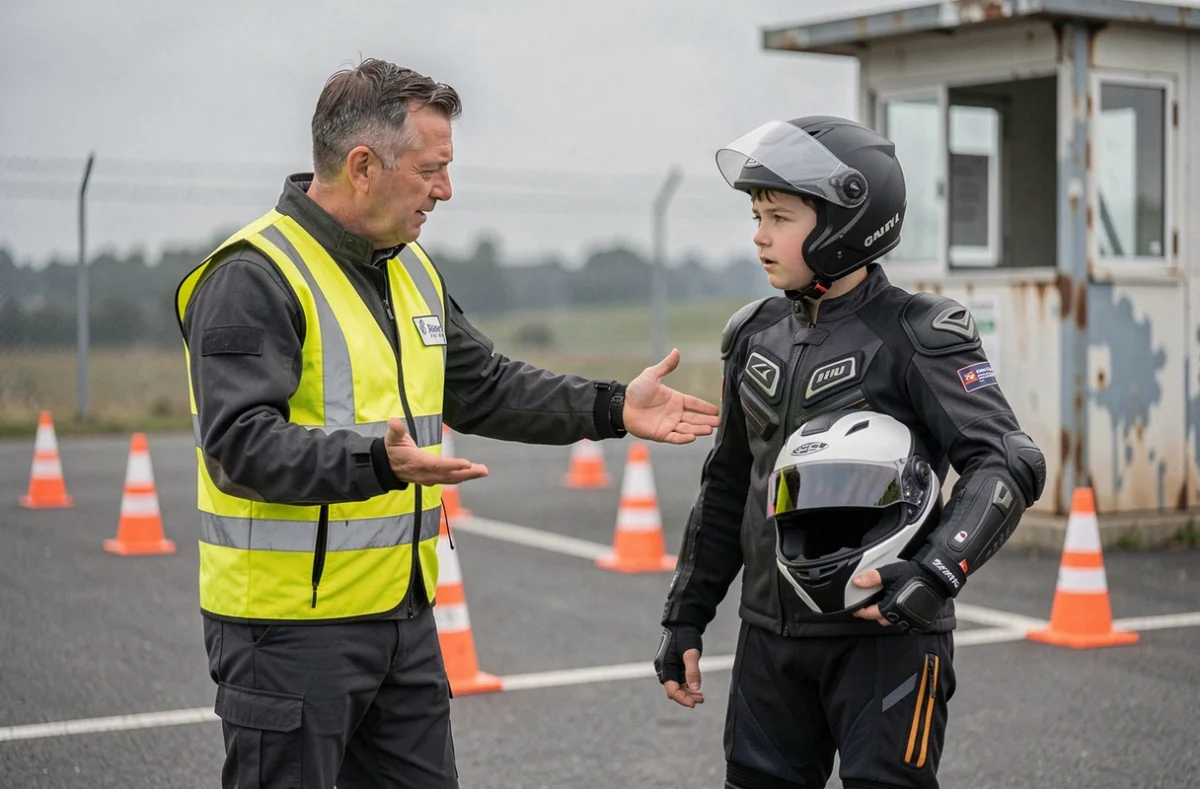 Moniteur moto enseignant à un élève débutant sur un circuit de formation sécurisé