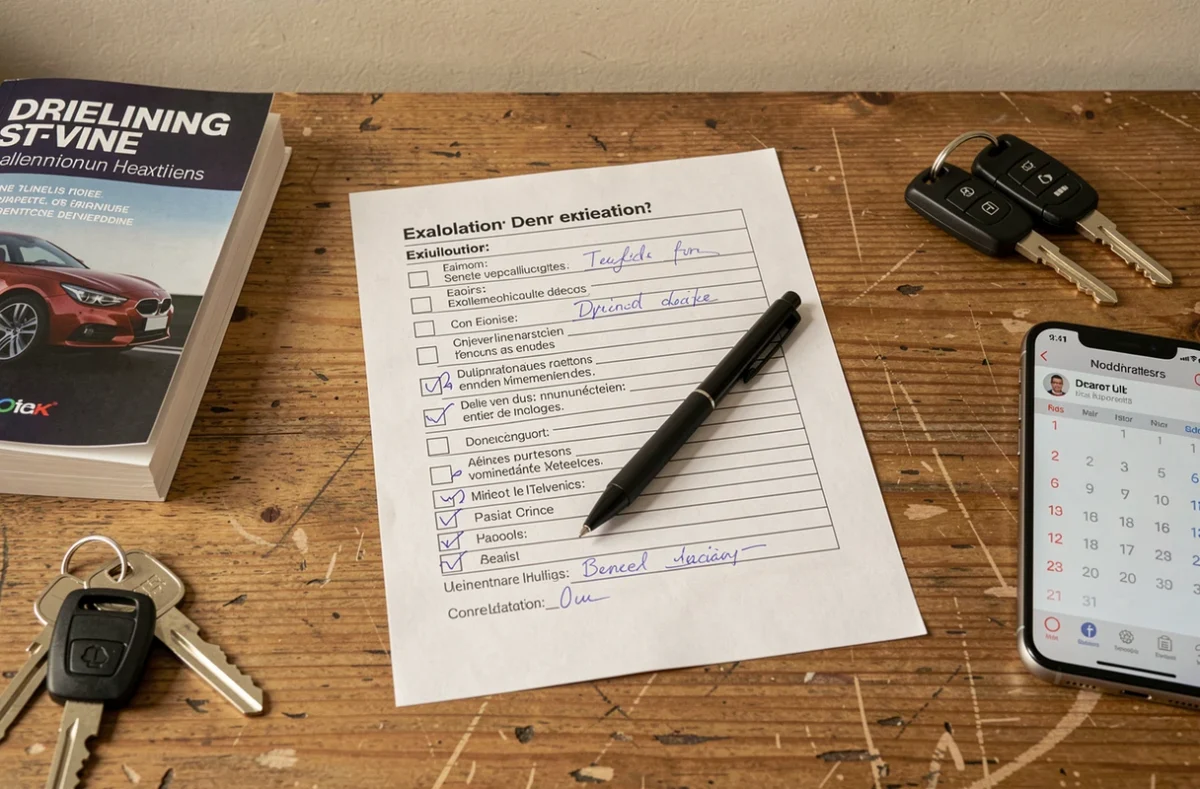 Grille d'évaluation officielle du permis de conduire 2026 posée sur un bureau avec stylo et documents administratifs