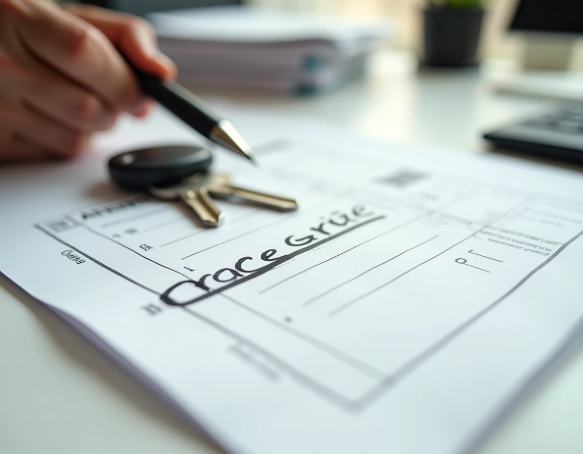 Gros plan sur une carte grise barrée avec un stylo et des clés de voiture posés sur un bureau lors d'une cession