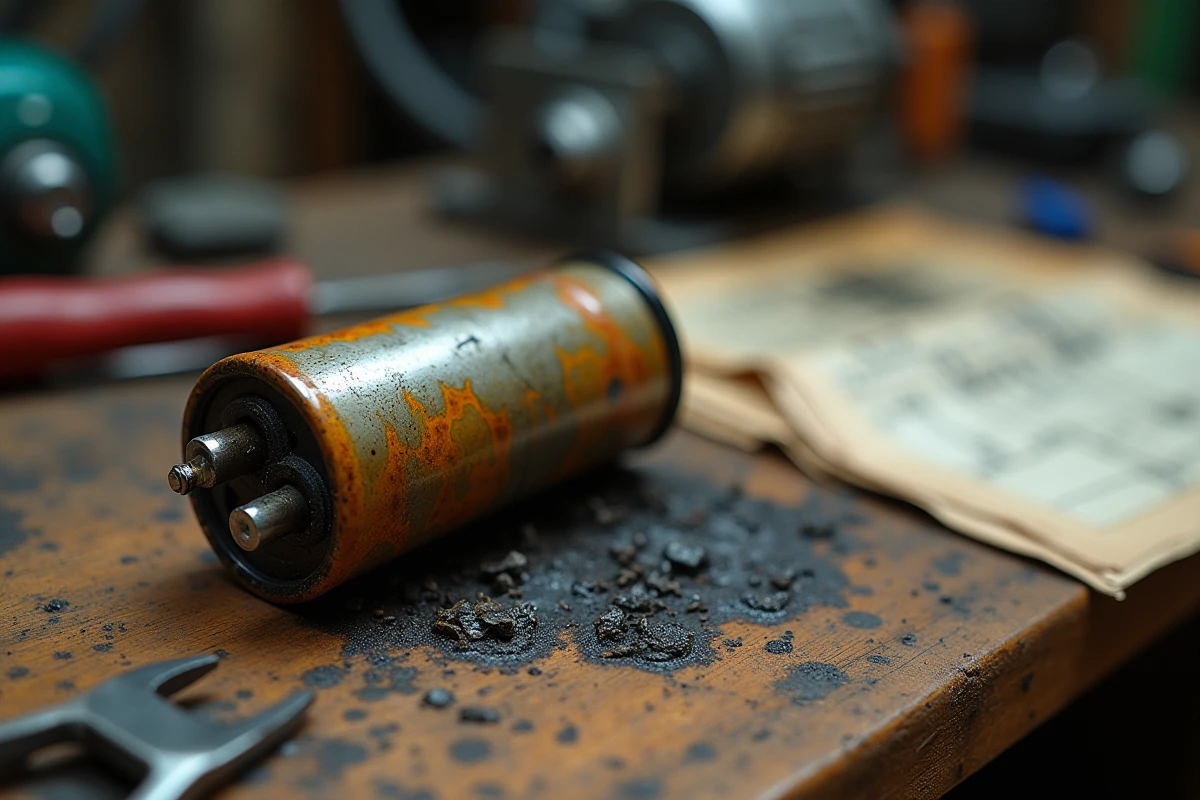 Gros plan sur un condensateur électrique de moteur défectueux avec boîtier gonflé et traces de brûlure posé sur un établi